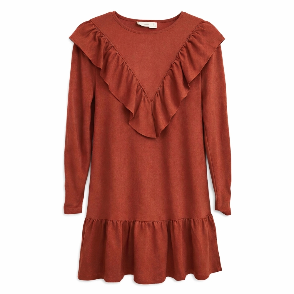 Mango Rust Ruffle Front Long Sleeve Mini Dress XS